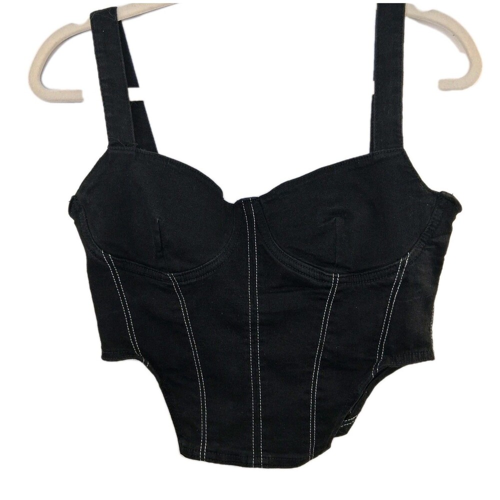 NWT Corset Crop Top Black Denim Sleeveless Zip Romantic  Size L RUNS SMALL